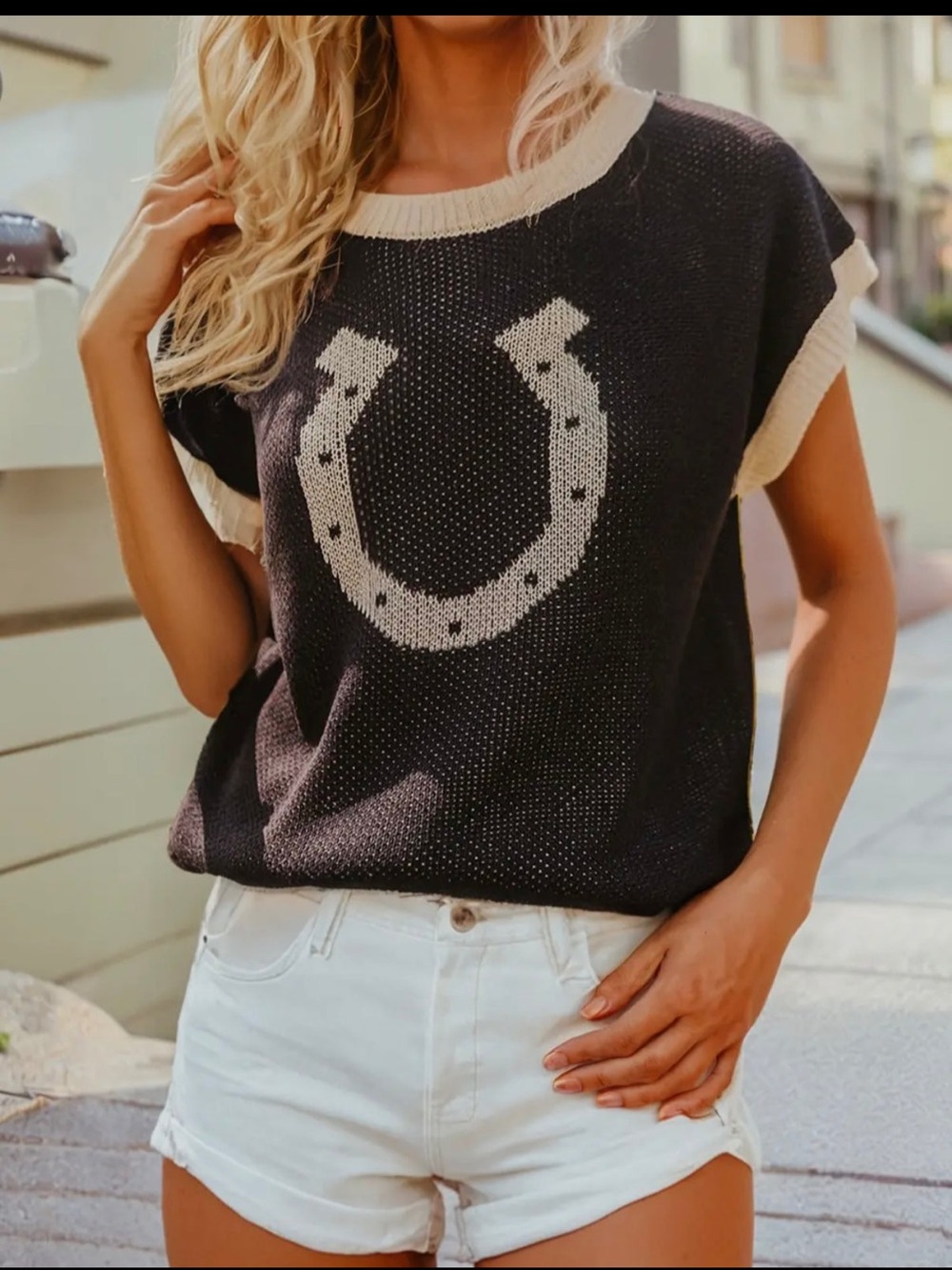 Black Knit Horsehoe Graphic Top with Cream Trim